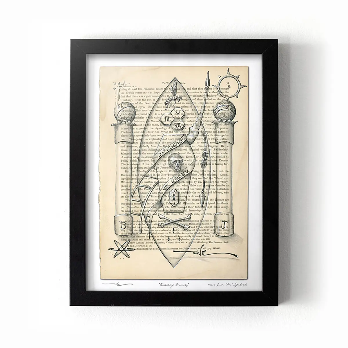 Framed Symbolic Masonic artwork designed for Freemasons exploring themes of knowledge, time and transformation displayed on white wall