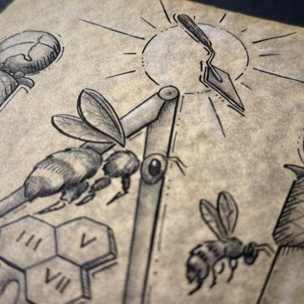 Illustration of bees and honeycomb on a textured surface