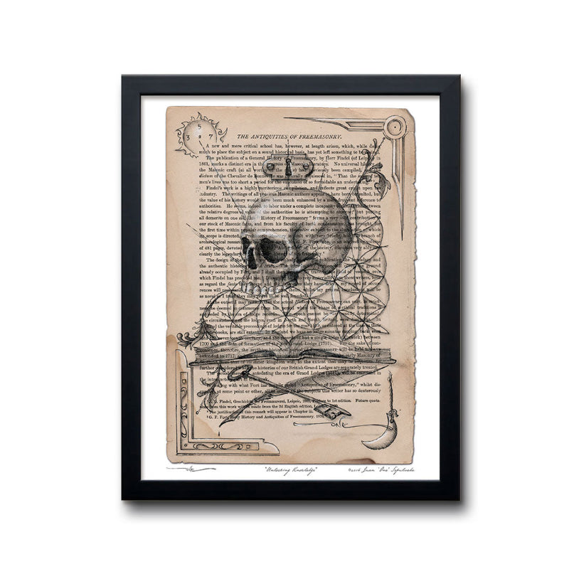 Unlocking Knowledge masonic art print by Juan Sepulveda, displayed in a black frame