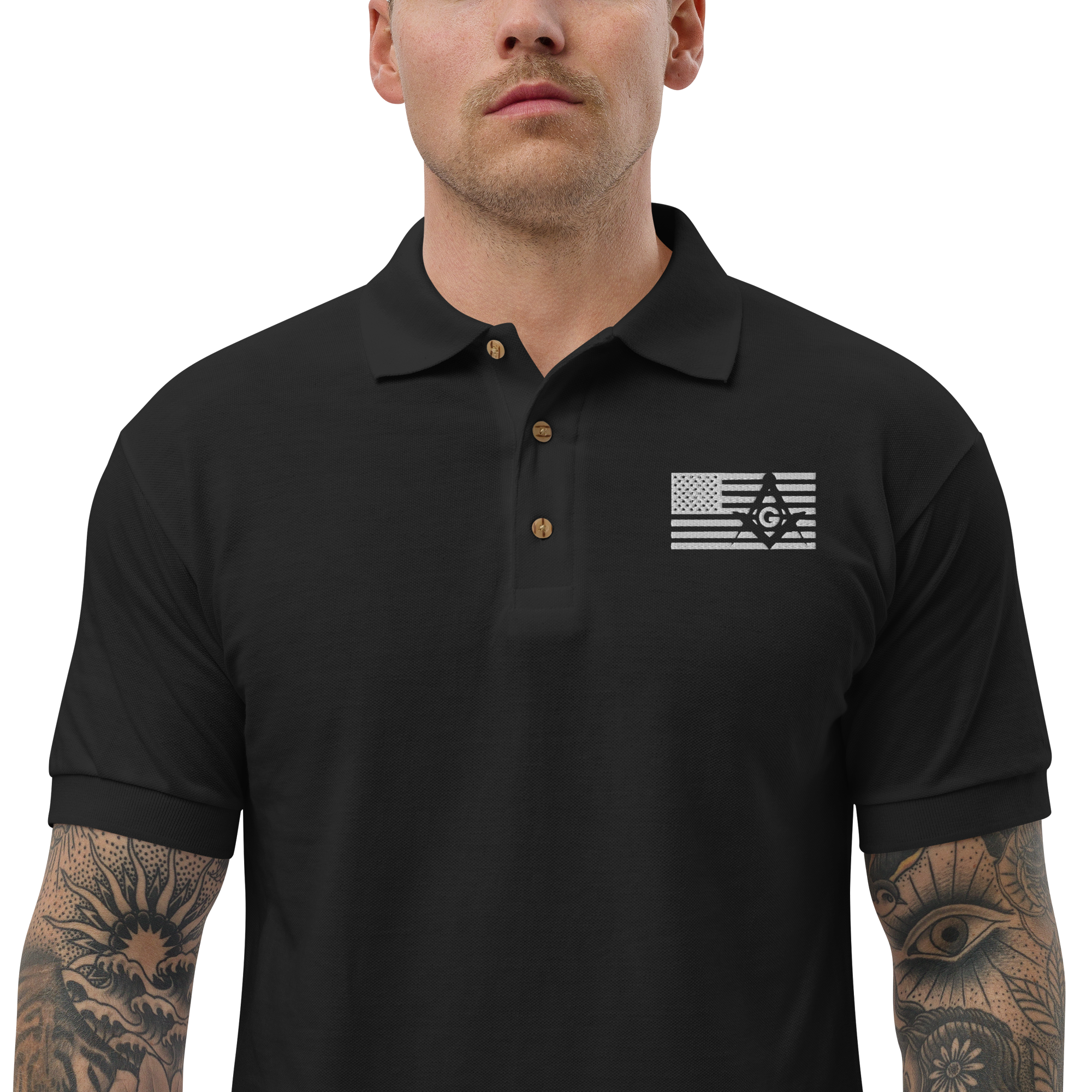 Square and Compass with G and Flag Embroidered Polo Shirt