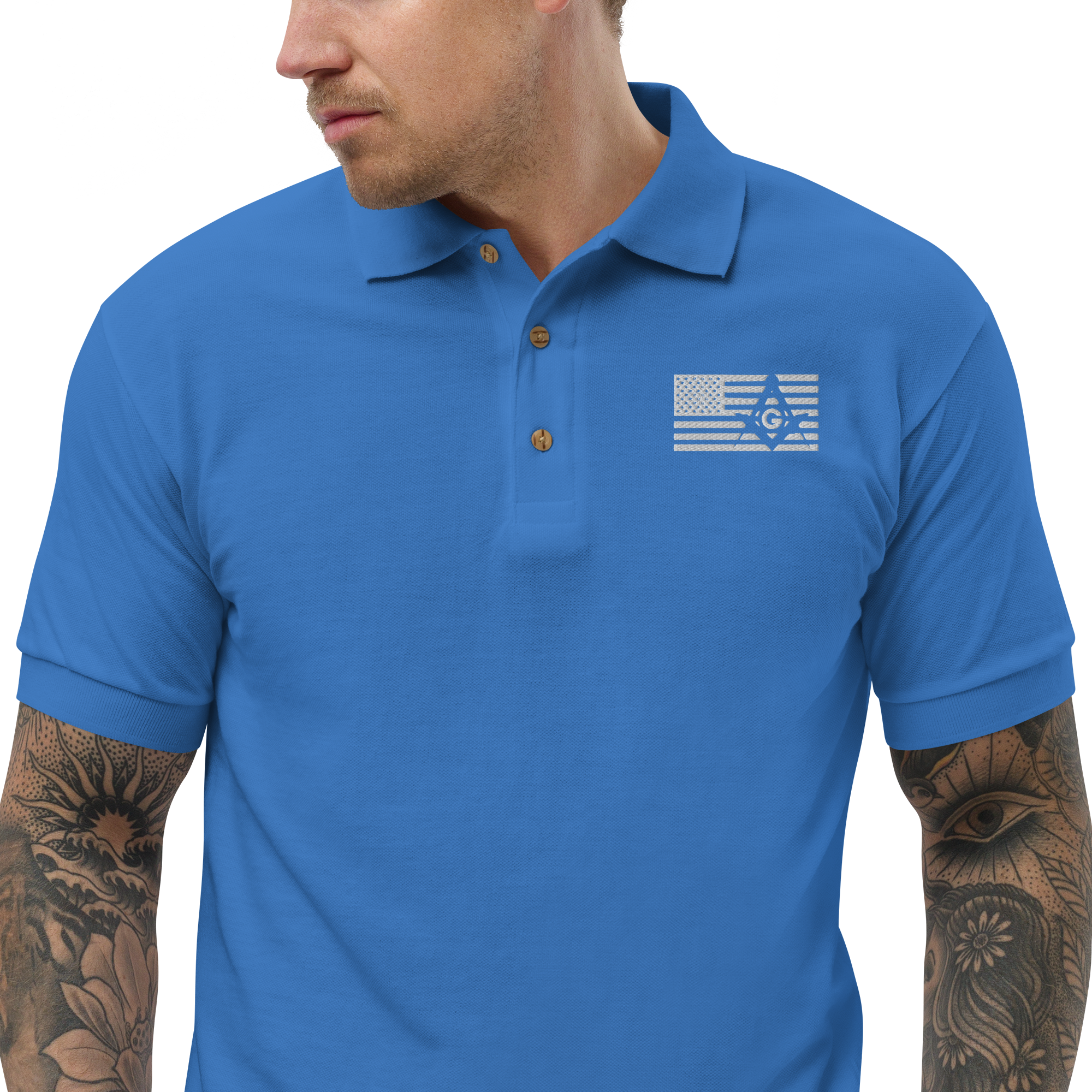 Square and Compass with G and Flag Embroidered Polo Shirt