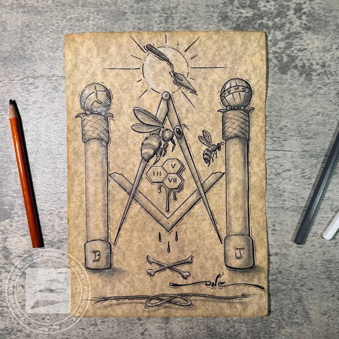 Labor Light original drawing by Juan Sepulveda in ink, chalk and charcoal on natural parchment, featuring pillars, square and compasses, bees and honeycomb