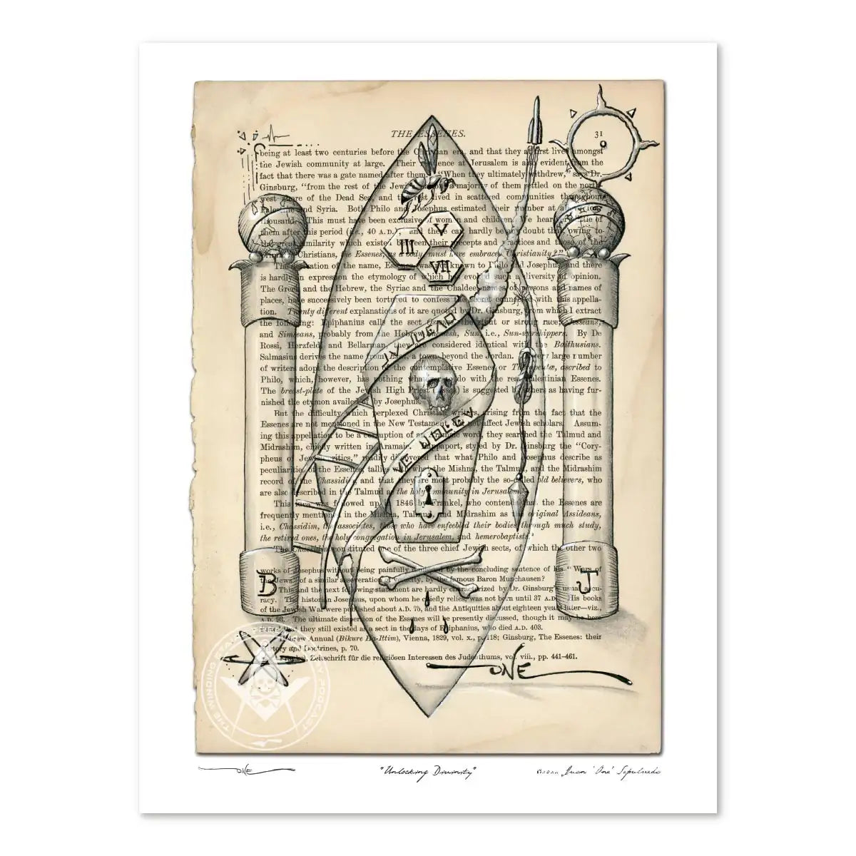 Unlocking Divinity Masonic art print featuring skull, pillars, sacred geometry and esoteric symbols on antique book page