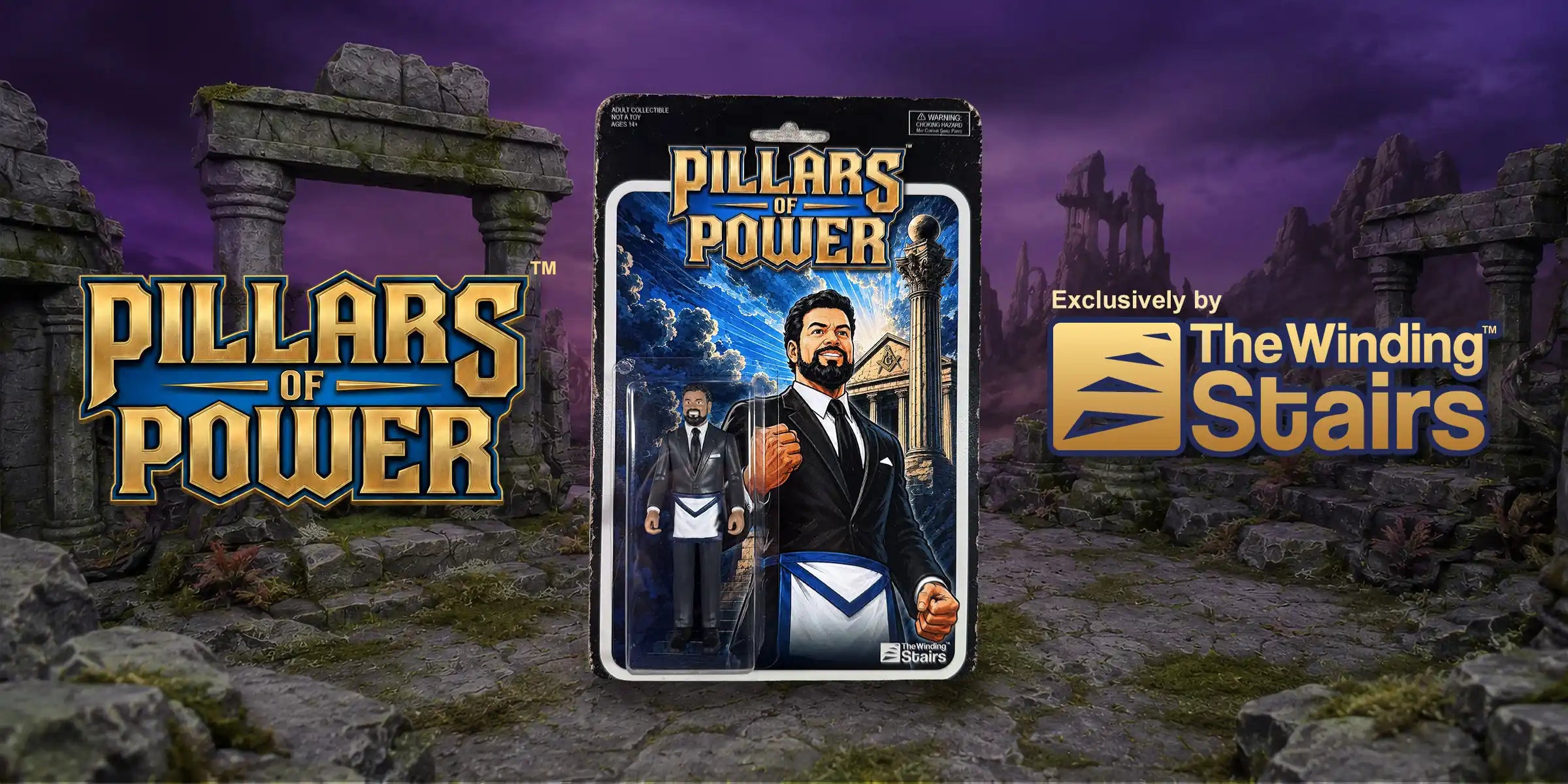 Pillars of Power — carded Bro. John Stone figure among ancient pillars