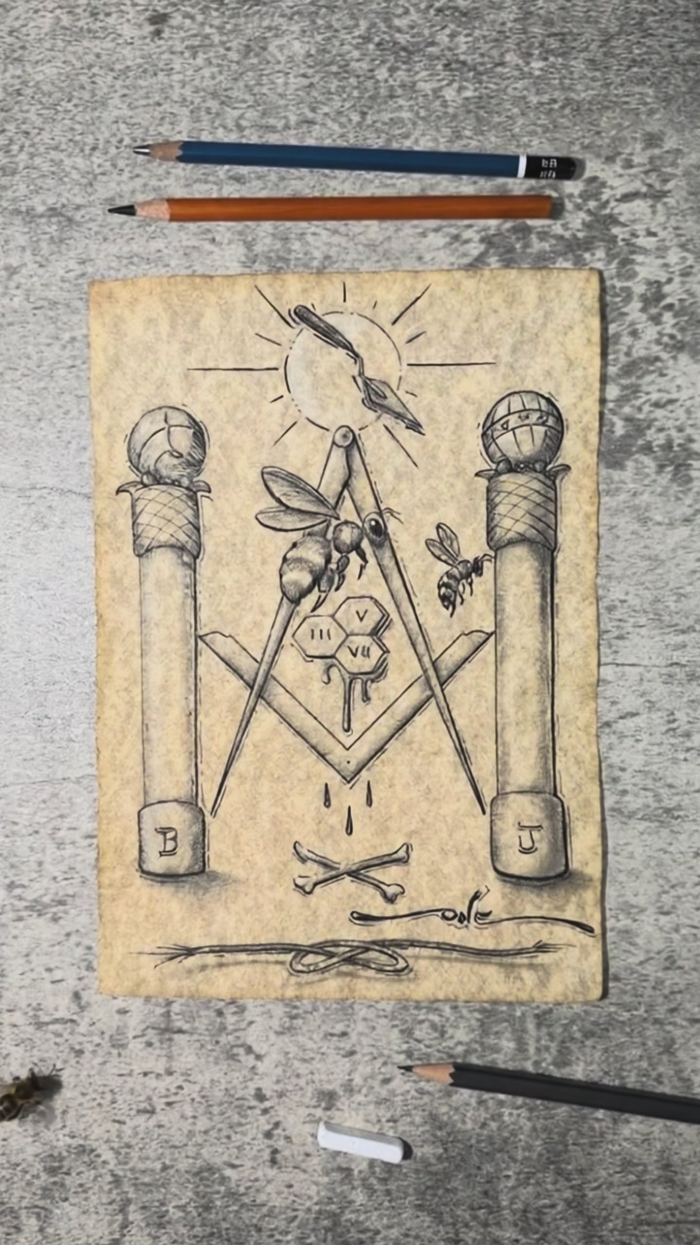 Video of Juan Sepulveda creating the Labor Light original drawing on parchment
