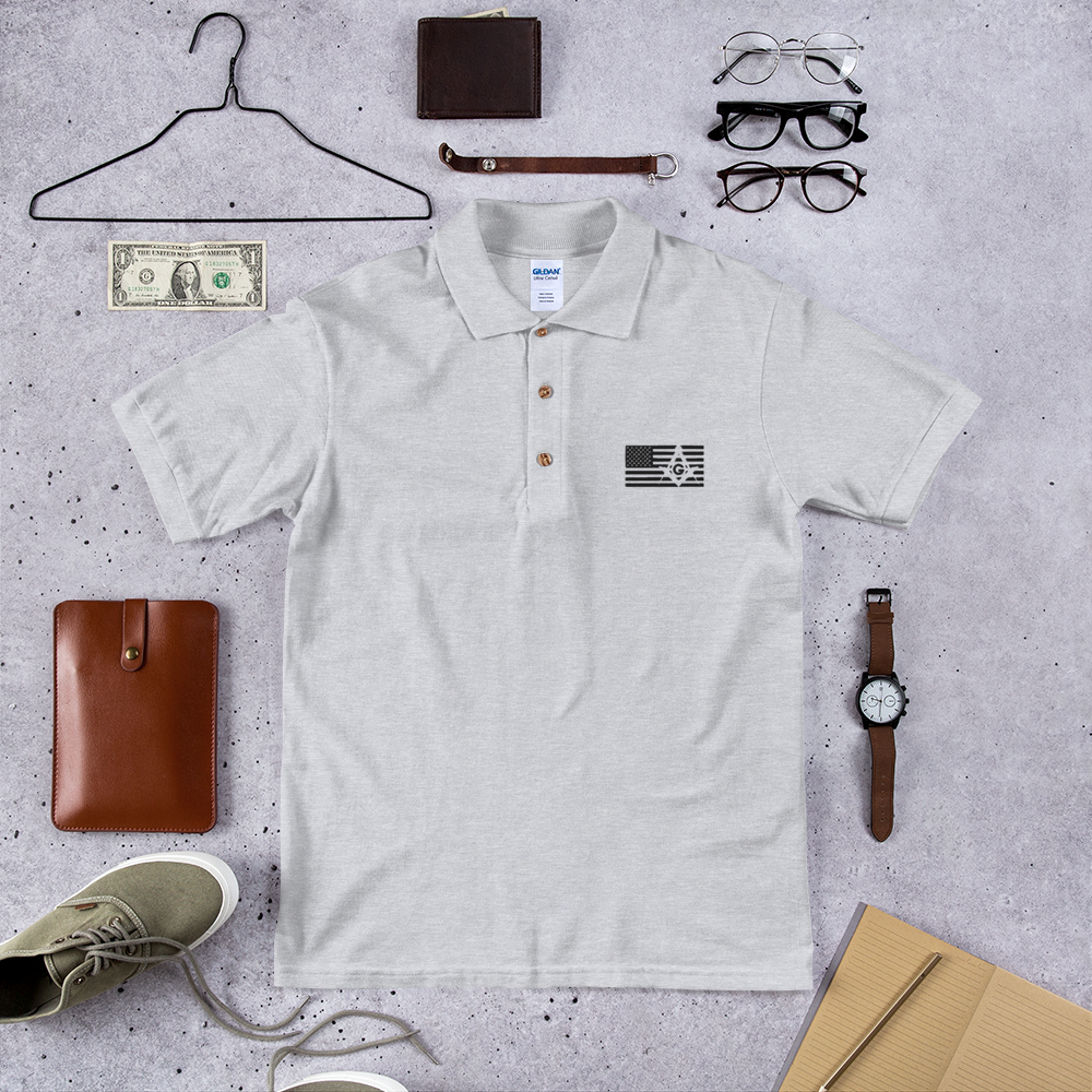 Square and Compass with G and Flag Embroidered Polo Shirt